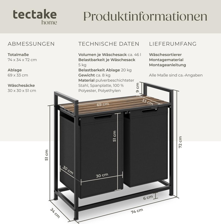 Produktbild tectake Wäschesortierer mit Ablage (46 l)