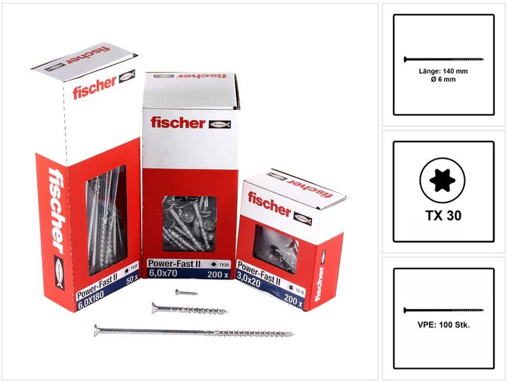Immagine prodotto Fischer Power-Fast II FPF II Vite truciolare 6.0x140 mm 100 pezzi ( 670462 ) Testa svasata con Torx T (100 Viti per pezzo)