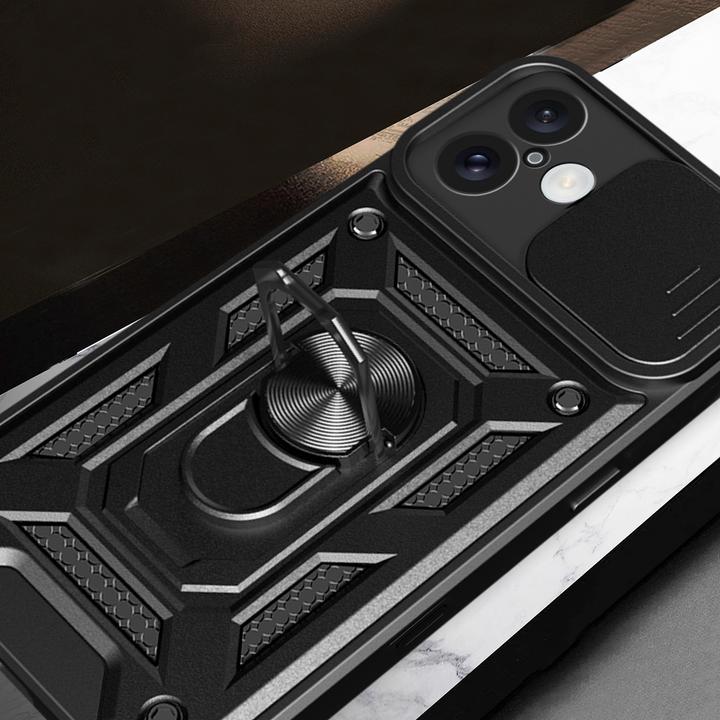 Actual product image Hurtel Hybrid Armor Camshield iPhone 16 Plus Armoured Case with Camera Cover and Stand - Black (Apple iPhone 16 Plus)