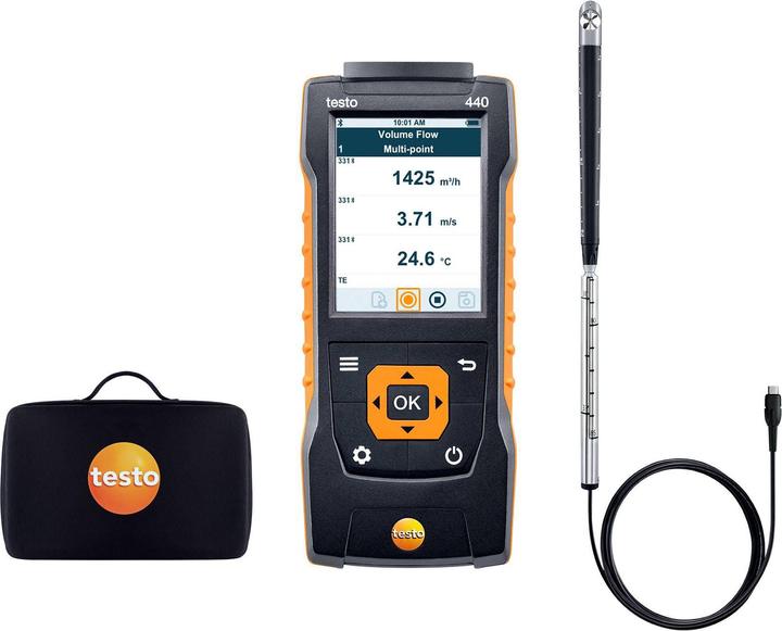 Testo 440 Klimamessgerät 3 x Mignon-Batterien Typ AA USB-Kabel Flügelrad-Sonde (Ø 16 mm) mit fest angeschlossenem Kabel (Kabellänge 1,7 m) Teleskop (ausziehbar bis 0,85 m)