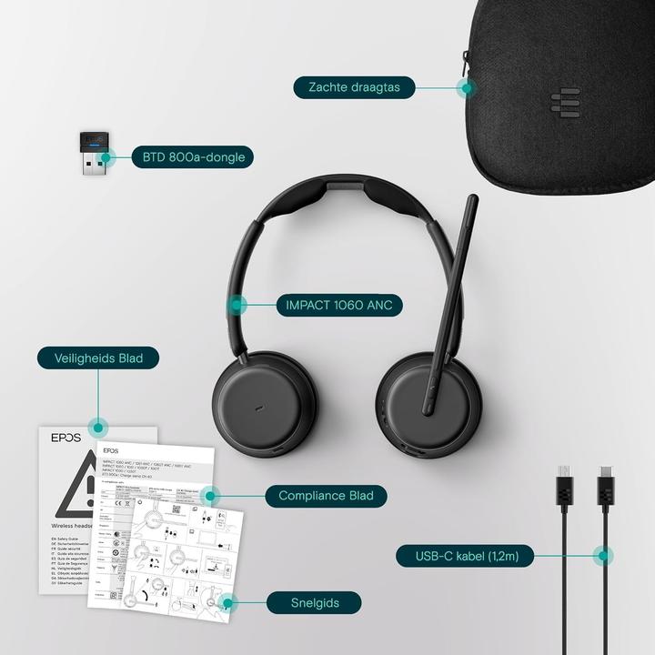 Immagine prodotto EPOS IMPACT 1060 Cuffie Bluetooth stereo ANC con cancellazione attiva del rumore (ANC) (USB-C, Google Meet, Unify, Zoom)
