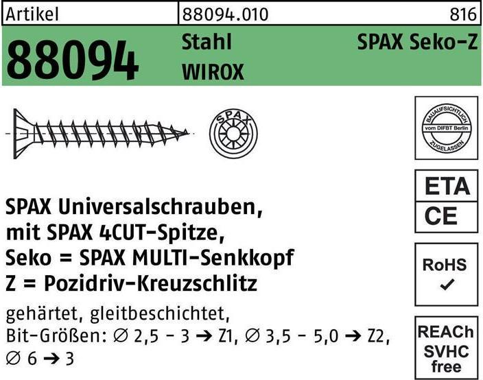 Actual product image Spax Screw R 88094 Countersunk head with point/cross recess -PZ 3.5 x 45/40-Z Galvanised steel WIROX (200 Screws per piece)