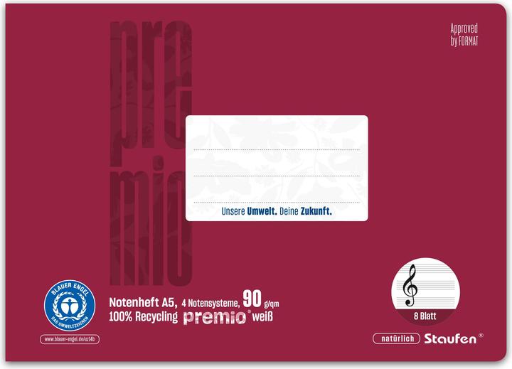 Produktbild Staufen Notenheft Premio, A5 quer, 4 Notensysteme, 8 Blatt (A5, Speziallineatur, Weicher Einband)