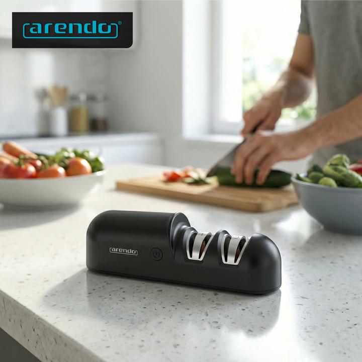 Produktbild Arendo Messerschärfer elektrisch, Messerschleifer, 2-Stufen Grob- & Feinschliff, 1200 Ah Akku, USB-C laden