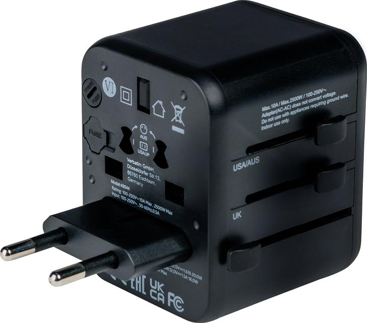 Actual product image Verbatim Universal Travel Adapter with 1 x USB-C PD 20W / 1 x USB-A QC 3.0