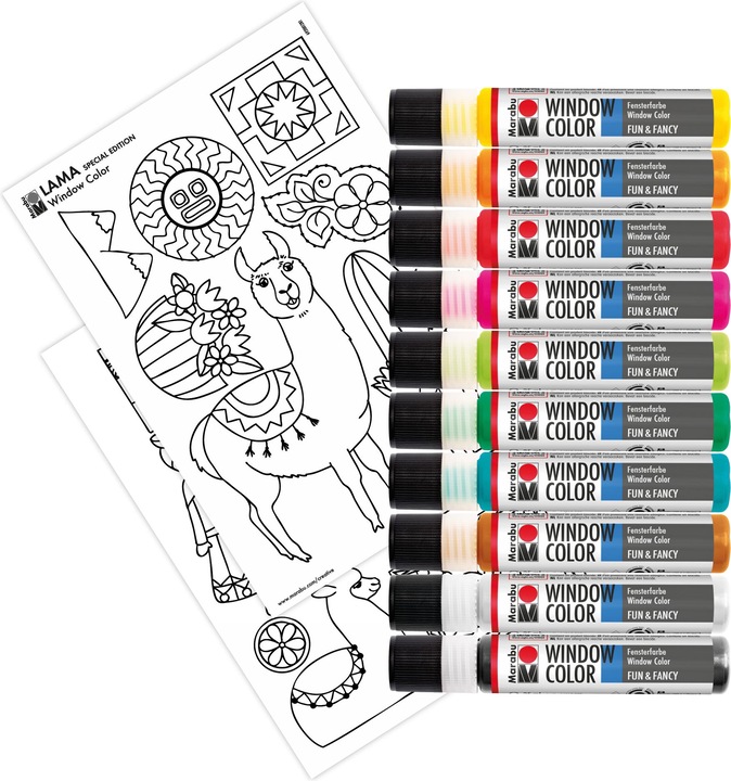 Image du produit Marabu Lama (Blanc, Reseda, Noir contour, Orange, Rouge cerise, Framboise, Jaune, Marron clair, Vert sève, Bleu turquoise, 250 ml)