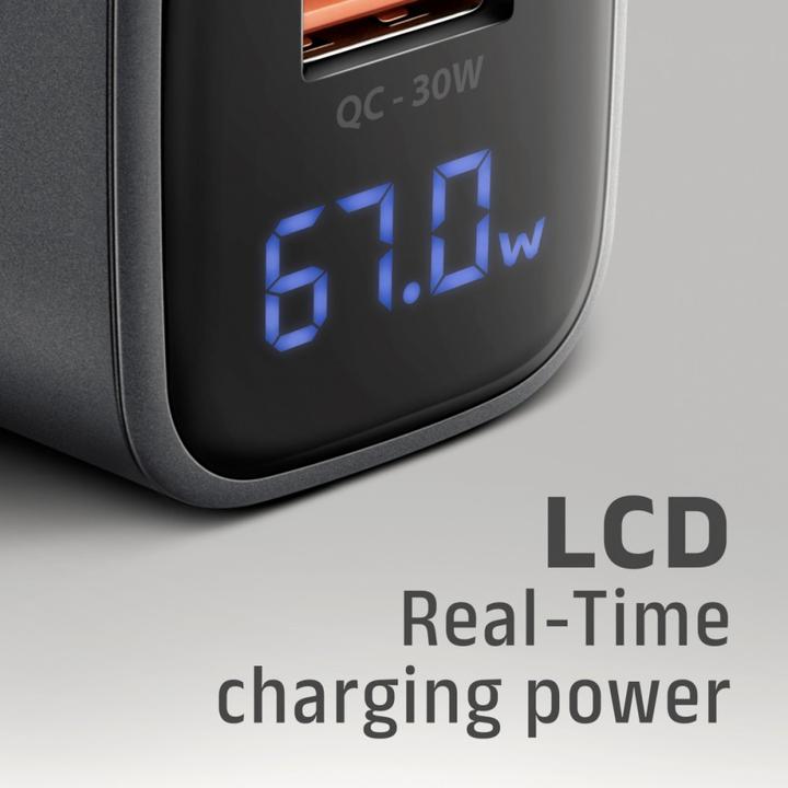 Produktbild Axagon ACU-PQ67D, GaN nabíječka do sítě 67W, výstup USB-A + USB-C, PD3.0/PPS/QC4+/SFC2.0/Apple, LCD (67 W, 2 Ports)