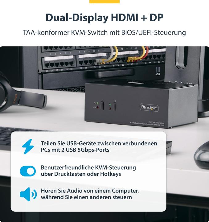 Produktbild StarTech .com P2ADDH462-KVM-SWITCH, 3840 x 2160 pixels, 4K Ultra HD, 36 W, Black