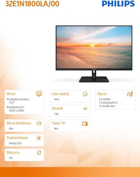 Productafbeelding Philips 32E1N1800LA (3840 x 2160 Pixels, 31.50")