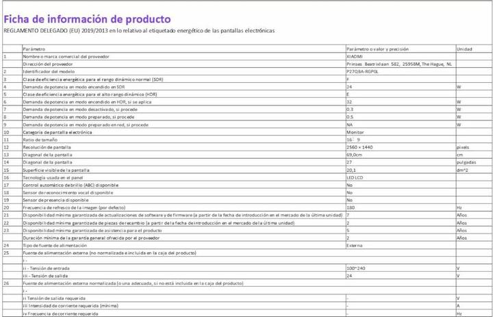 Nutritional values and ingredients Xiaomi G Pro 27i (2560 x 1440 pixels, 27")