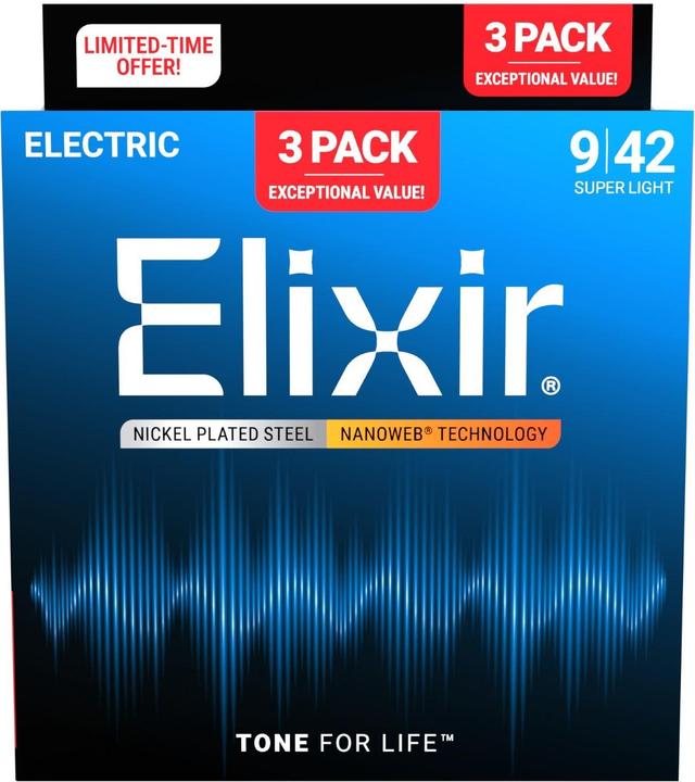 Actual product image Elixir 16566 - Nikkelbelagt stl - Elektriske strenge - Nanoweb - Super Light (09-42) - 3-PAK (3x, Electric guitar, 0.02")
