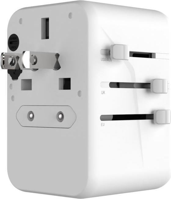 Actual product image Fixed Voyager 65 W travel adapter for EU, UK and USA/AUS, with 3xUSB-C and 2xUSB output, GaN, PD 65W, whit