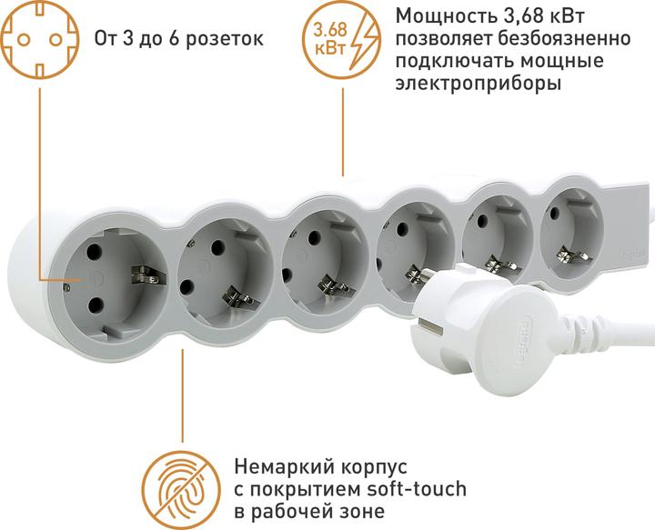 Actual product image Legrand Flat socket strip 6x socket, 3 metre cable white-grey 694565 (6 x, CEE 7/16, 3 m)