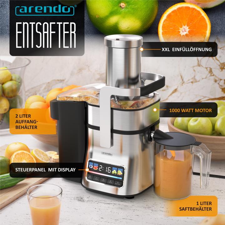 Actual product image Arendo Zentrifugalentsafter, BPA Frei, Edelstahl, 1000W, XXL-Einfüllschacht, Programme, Display, Tropfstopp