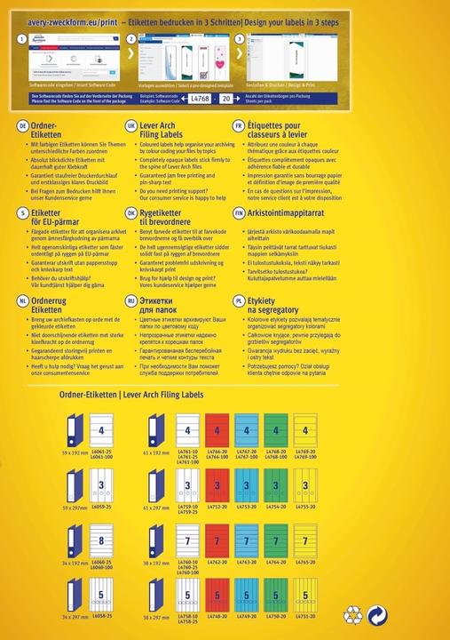 Nutritional values and ingredients Avery L4764-20 labels 38x192mm