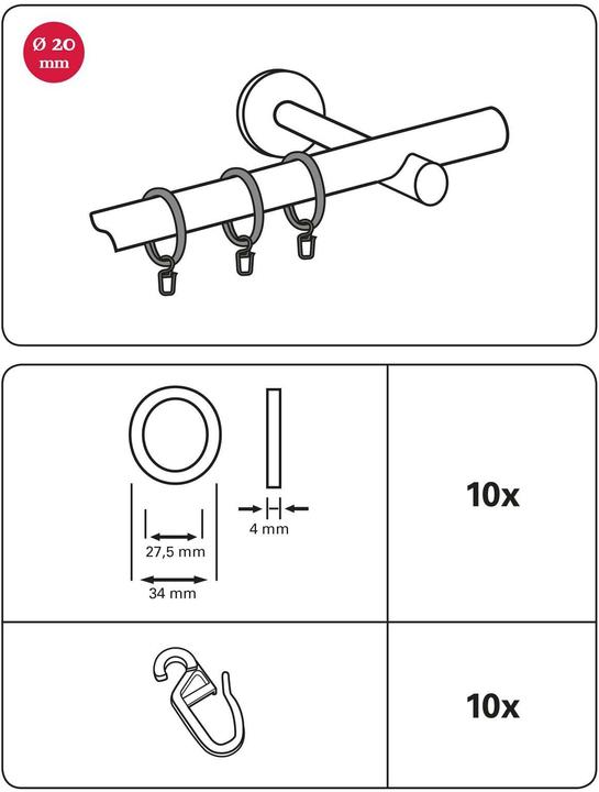 Image du produit Gardinia Anneau de rideau avec insert coulissant Noir, 10 pièces