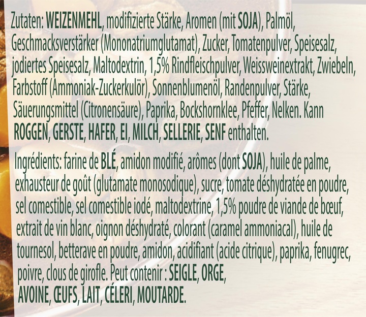 Valeurs nutritives et ingrédients Knorr Sauce pour friture en granulés instantanés (230 g)