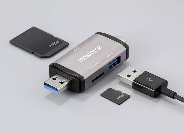 Produktbild Renkforce RF-CR-480 Externer Speicherkartenleser USB-A, USB-C® Aluminium-Grau (USB-C)