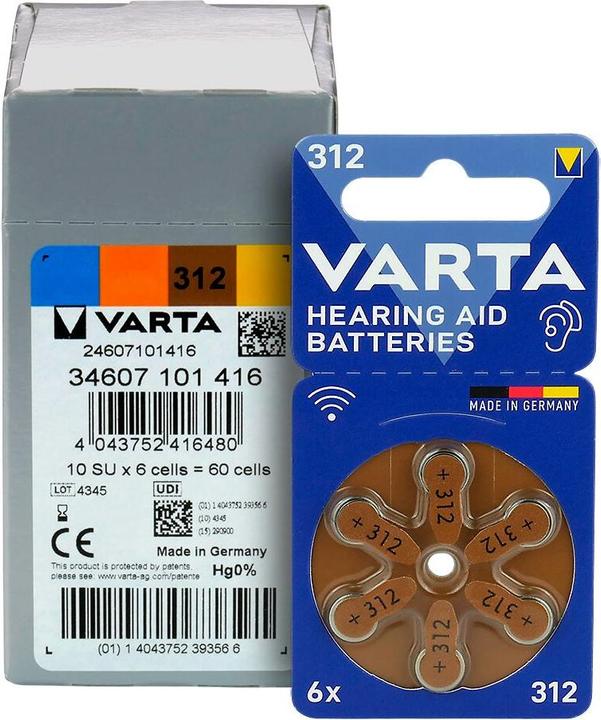 Actual product image Varta Hearing aid batteries type 312, 1.4V (6-pack) (6 pcs., A312, 180 mAh)