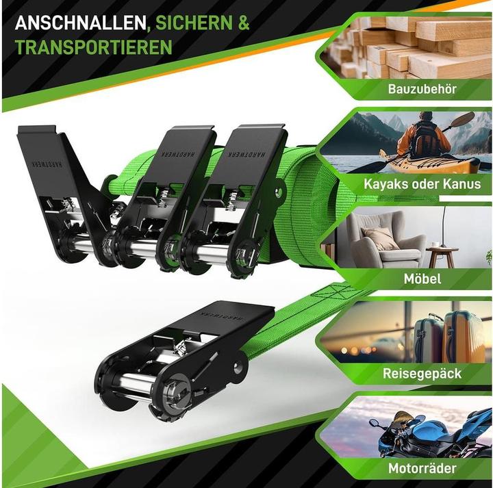 Produktbild Hardtwerk Spanngurte mit Ratschen 4 Stück, 6 Meter, Grün
