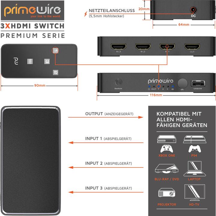 Image du produit Primewire Commutateur HDMI 4K avec télécommande