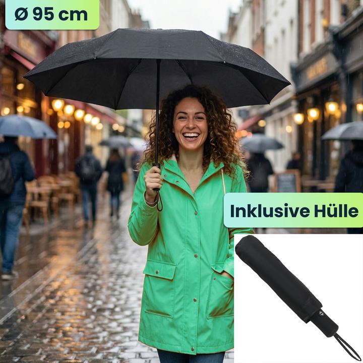 Produktbild Ideoon Kompakter Automatik-Regenschirm in Schwarz - Ø 95cm - Windfester Taschenschirm mit Fiberglas