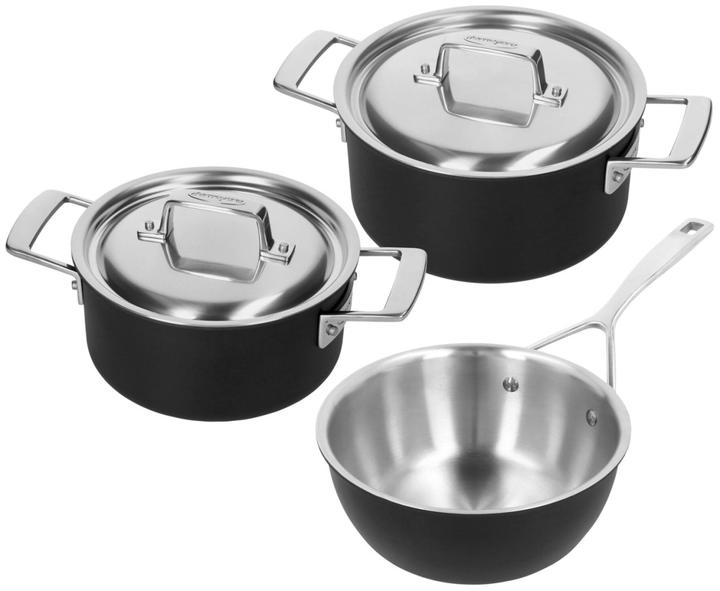 Demeyere Zwart 5 set van 3: kookpot 18cm + kookpot 20cm + conische sauteuse 20cm (Kookpotten en pannenset, Steelpan, Roestvrij staal)