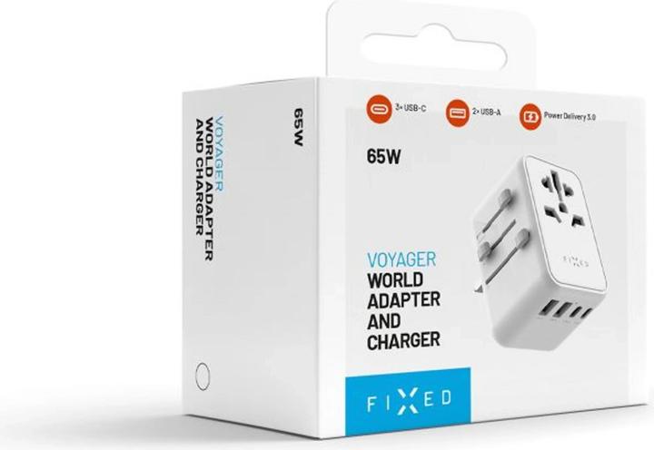 Actual product image Fixed Voyager 65 W travel adapter for EU, UK and USA/AUS, with 3xUSB-C and 2xUSB output, GaN, PD 65W, whit