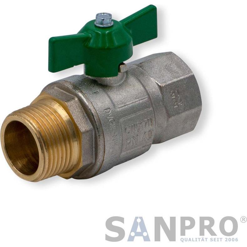 Sanpro, Zubehör Sanitärinstallation, Kugelhahn 1" IG x 1" AG DN25 Messing vernickelt + Flügelgriff grün
