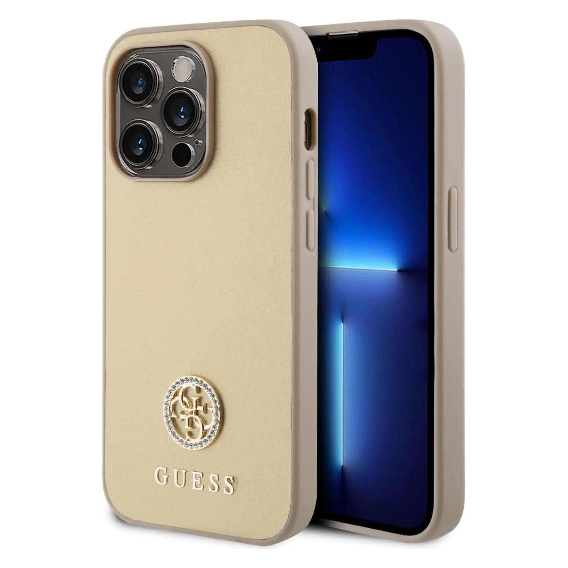 Guess GUHCP15XPS4DGPD IPhone 15 Pro Max 6.7" Złoty/gold Hardcase Strass Metal Logo (Apple IPhone 15 Pro Max), Smartphone Hülle, Gold