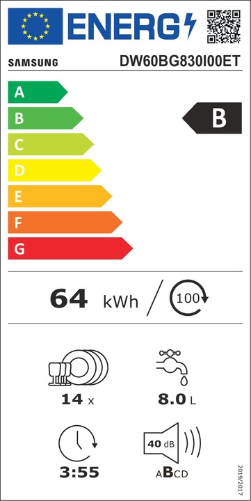 Energy Label Samsung DW60BG830I00ET / Inbouw / Volledig gentegreerd / Nishoogte 82 - 86,5 cm