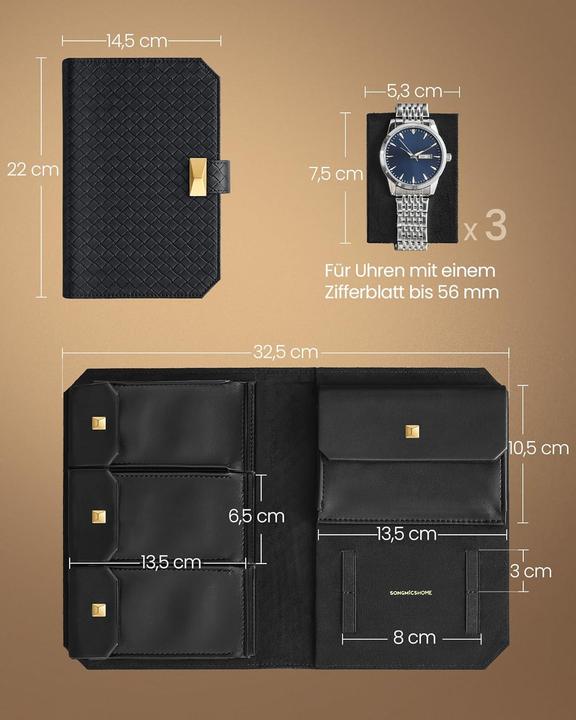 Produktbild Songmics Uhrenbox Reiseetui für 3 Uhren Schwarz