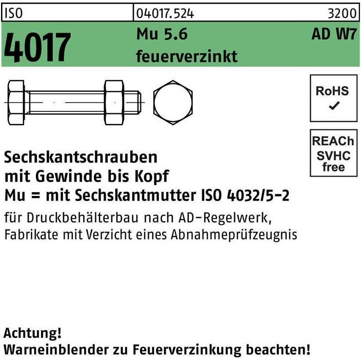 Bufab, Schrauben, Sechskantschraube ISO 4017 VG m.Mutter M 20 x 60 5.6 AD W7 feuerverzinkt (25 Schrauben pro Stück)