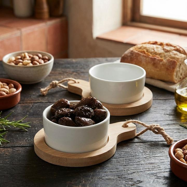 Image du produit Casativo Lot de 4 bols en bambou, bols à tapas en céramique sur plateau de service