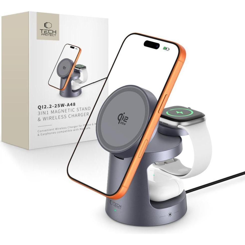 Tech-Protect QI2.2-25W-A48 3IN1 MAGNETISCHER MAGSAFE WIRELESS CHARGER DUNKELGRAU (25 W), Caricabatteria senza fili, Grigio