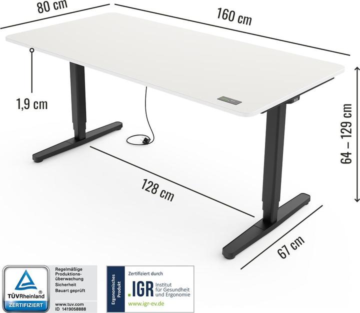 Image du produit Yaasa Desk Pro - bureau réglable en hauteur (160 x 80 x 129 cm)