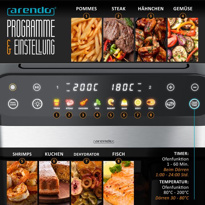 Produktbild Arendo Heissluftfritteuse XXL mit Sichtfenster, 2400 W, Vorheizen & Wenden, inkl Zubehör, Grill/Dörren
