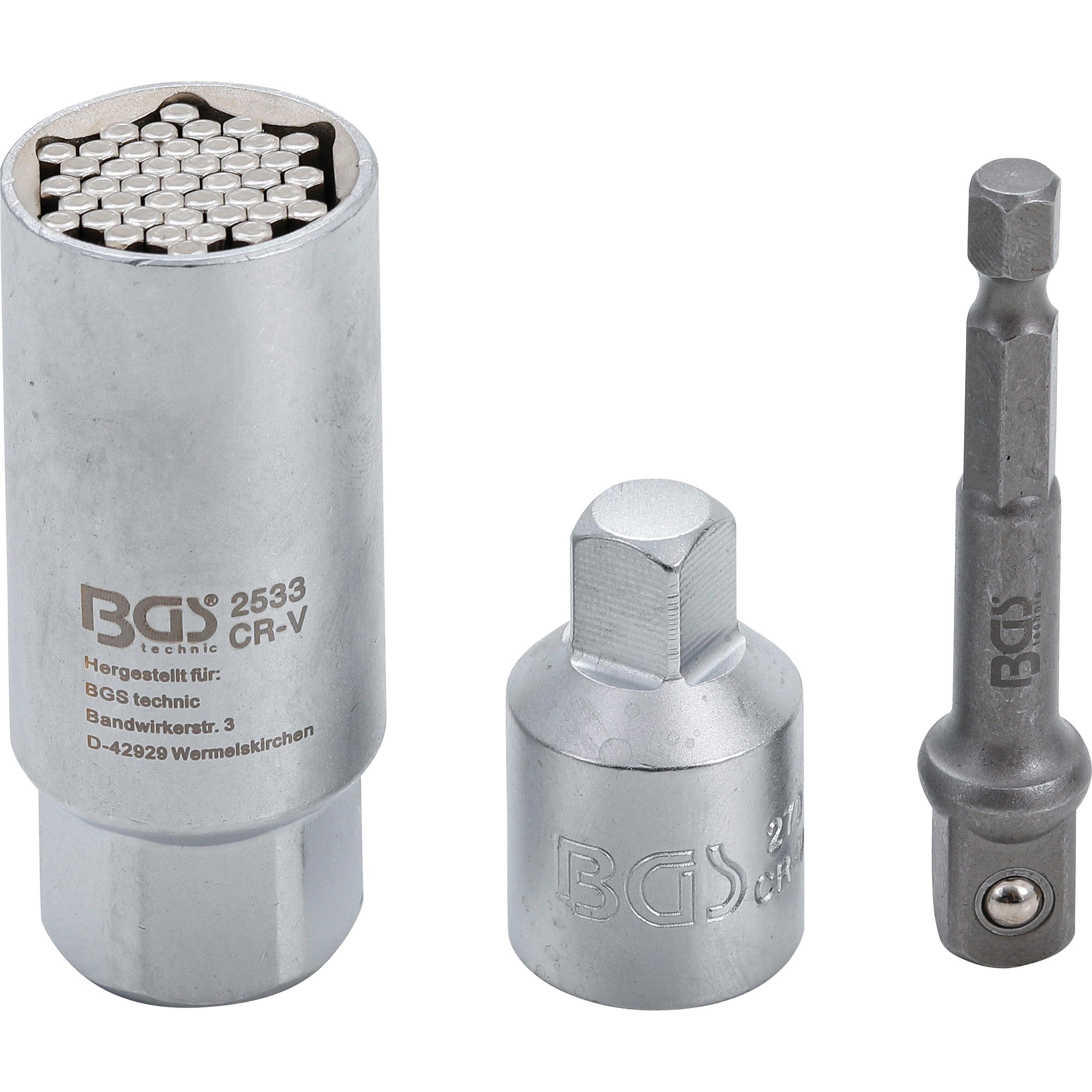 BGS, Steckschlüssel + Stecknuss, Multi-Einsatz mit Adapter-Satz 10 mm (3/8") SW 9 - 21 mm 3-tlg. (3/8")