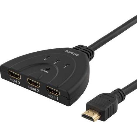 Deltaco hdmi pigtail switch auto/manu hdmi-switch tre till en sv (HDMI), Video Kabel