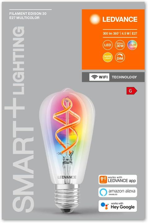 Produktbild Ledvance Smarte LED-Lampe mit Wifi, E27, RGB-Farbwechsel, Edison-Form, dimmbar, Alexa- und Google-kompatibel (E27, 4x)