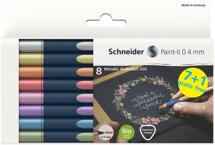 Produktbild Schneider Rollerball Paint-it (Copper Metallic, vintage green metallic, vintage red metallic, Silver Metallic, polar blue metallic, frosted violet metallic, Rose Metallic, gold metallic, 8 x)