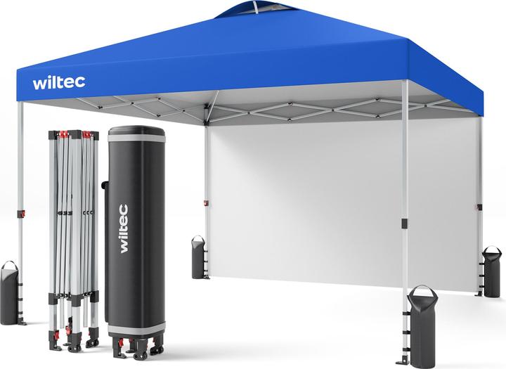 Produktbild Wiltec Pop up Pavillon 3x3m blau Seitenteil Räder Gartenpavillon Faltpavillon (300 cm, 300 cm)