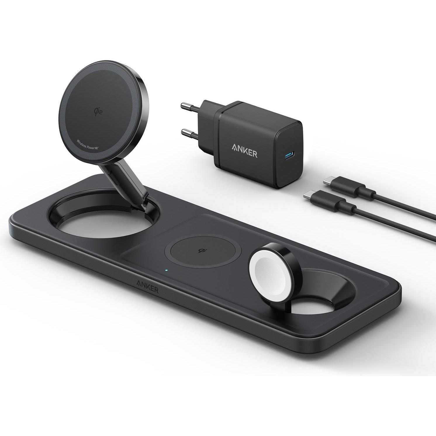 Anker Stacja magnetyczna pozioma MagGo 15W 3-in-1 Czarna (25 W), Wireless Charger, Schwarz