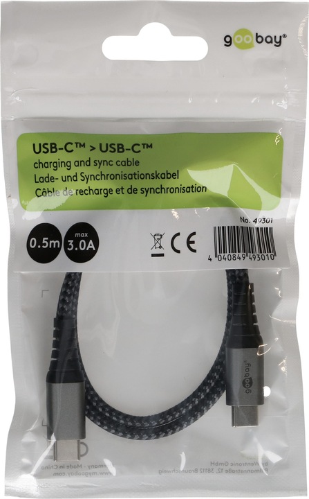 Actual product image Goobay USB-C cable, textile, metal plug, extra robust (0.50 m, USB 2.0)