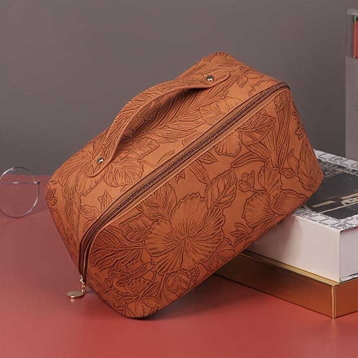 Actual product image Only-Bags.Store Vintage geprägte PU-Makeup-Tasche - grosse Kapazität Reise Kosmetik-Organizer mit Blumenmuster