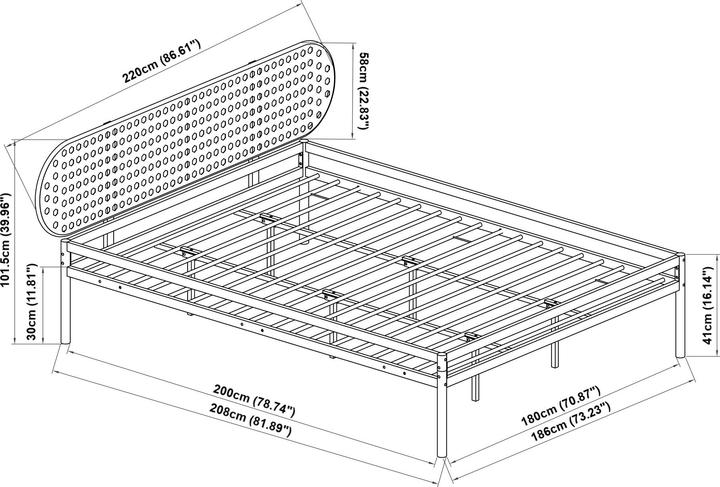 Actual product image En.Casa Metallbett Linköping mit ovalem Kopfteil und Matratze 180x200 cm Schwarz/Rattanoptik (200 x 200 cm)