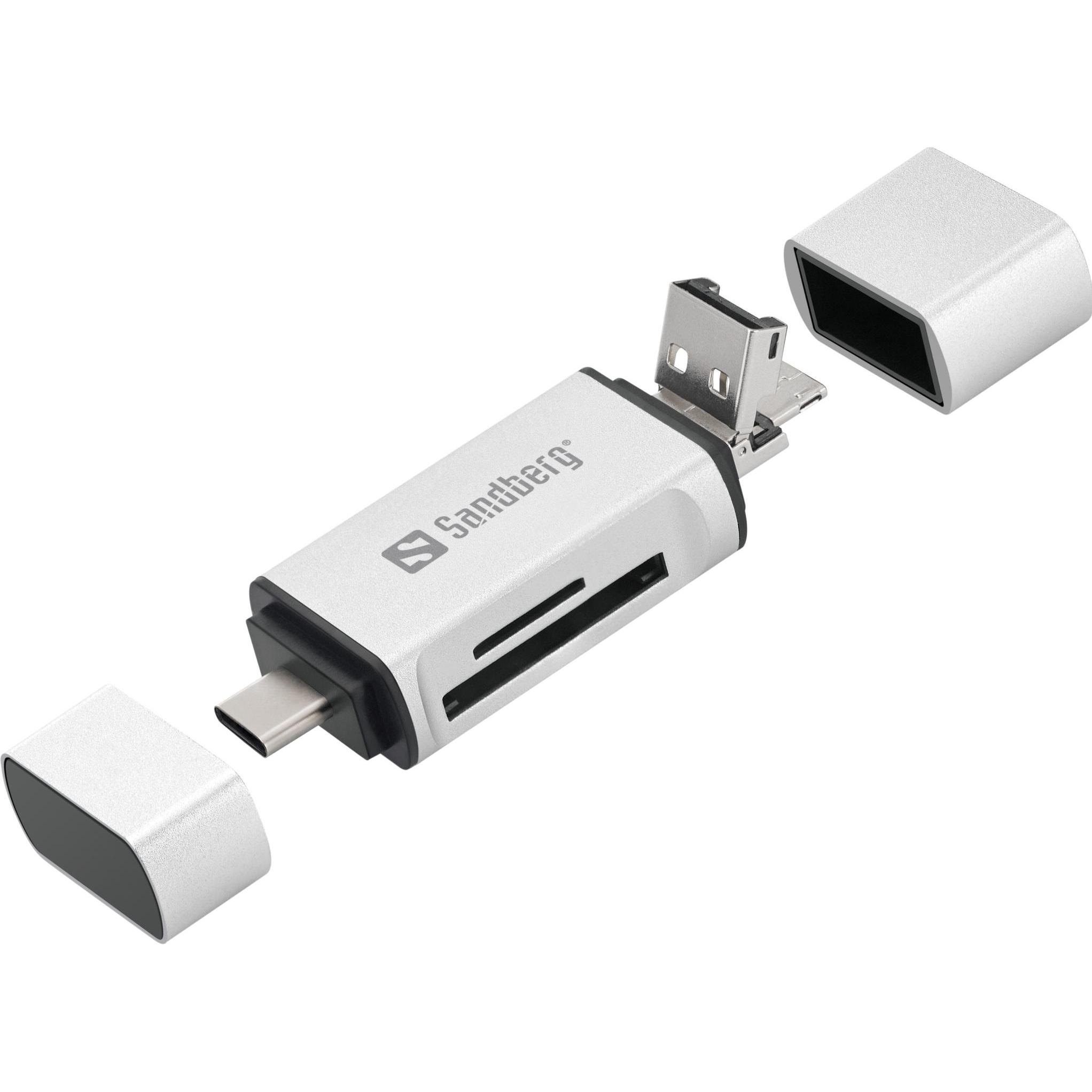 Sandberg Card Reader USB-C+USB+MicroUSB (USB, Micro USB, USB-C), Speicherkartenlesegerät, Silber