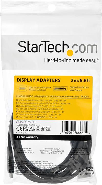Image du produit StarTech .com 6.6' (2 m) USB C to DisplayPort 1.2 Cable (0.22 m, DisplayPort, 1.2)