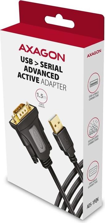 Produktbild Axagon ADS-1PQN, USB-A 2.0 - sÃ©riovÃ½ RS-232 DB9-M FTDI adaptÃ©r / kabel (1.50 m)