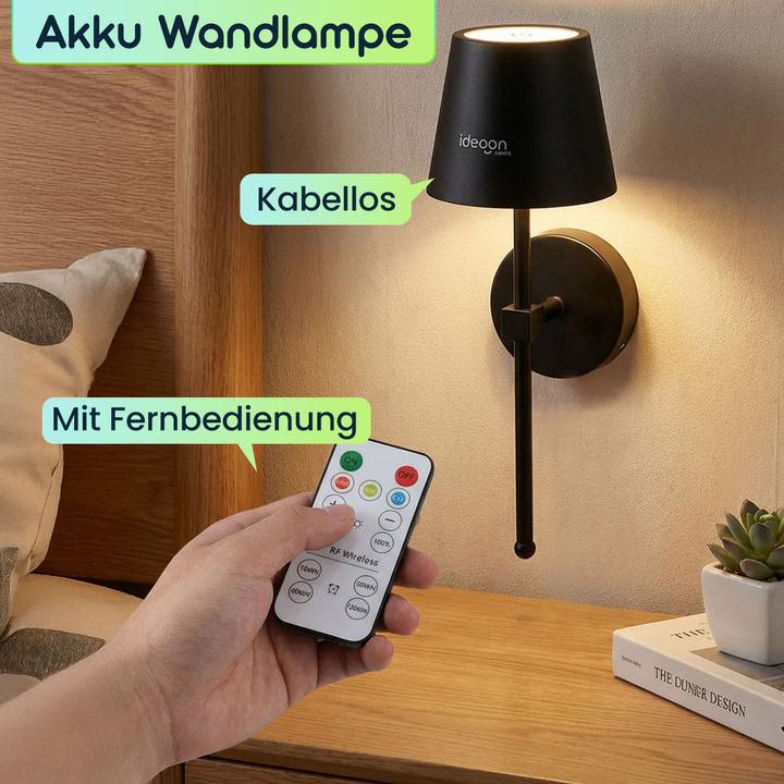 Actual product image Ideoon 2er-Set Elegante LED Wandleuchte kabellos mit Fernbedienung: Akku Wandlampe dimmbar in Schwarz (120 lm)